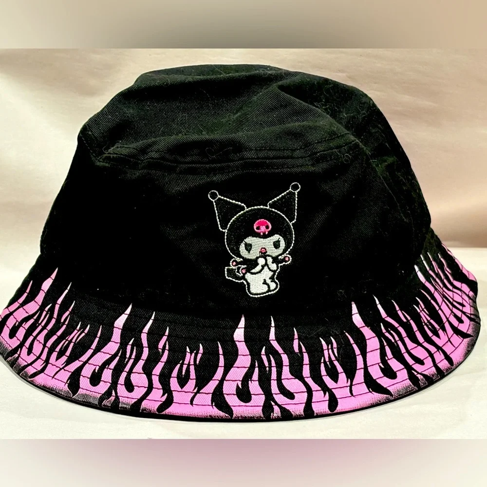 Sanrio Kuromi Black & Pink Flame Bucket Hat by Bioworld – One Size